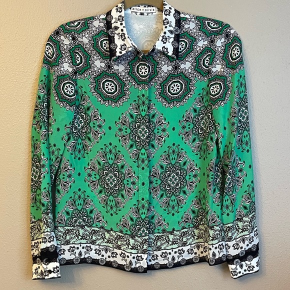 Alice + Olivia Tops - ALICE + OLIVIA Willa Boho Print Silk Shirt Size 2 XS/TP